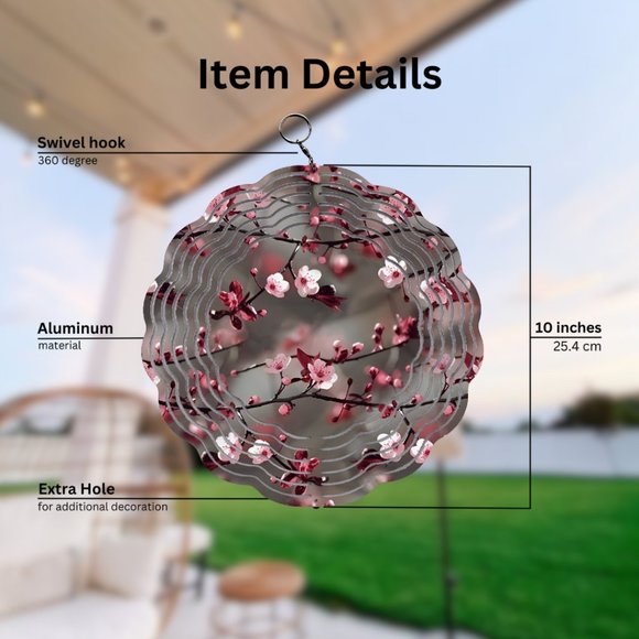 Japanese Cherry Blossom Flower Design Wind Spinner with Swivel Hook - Picture 2 of 3